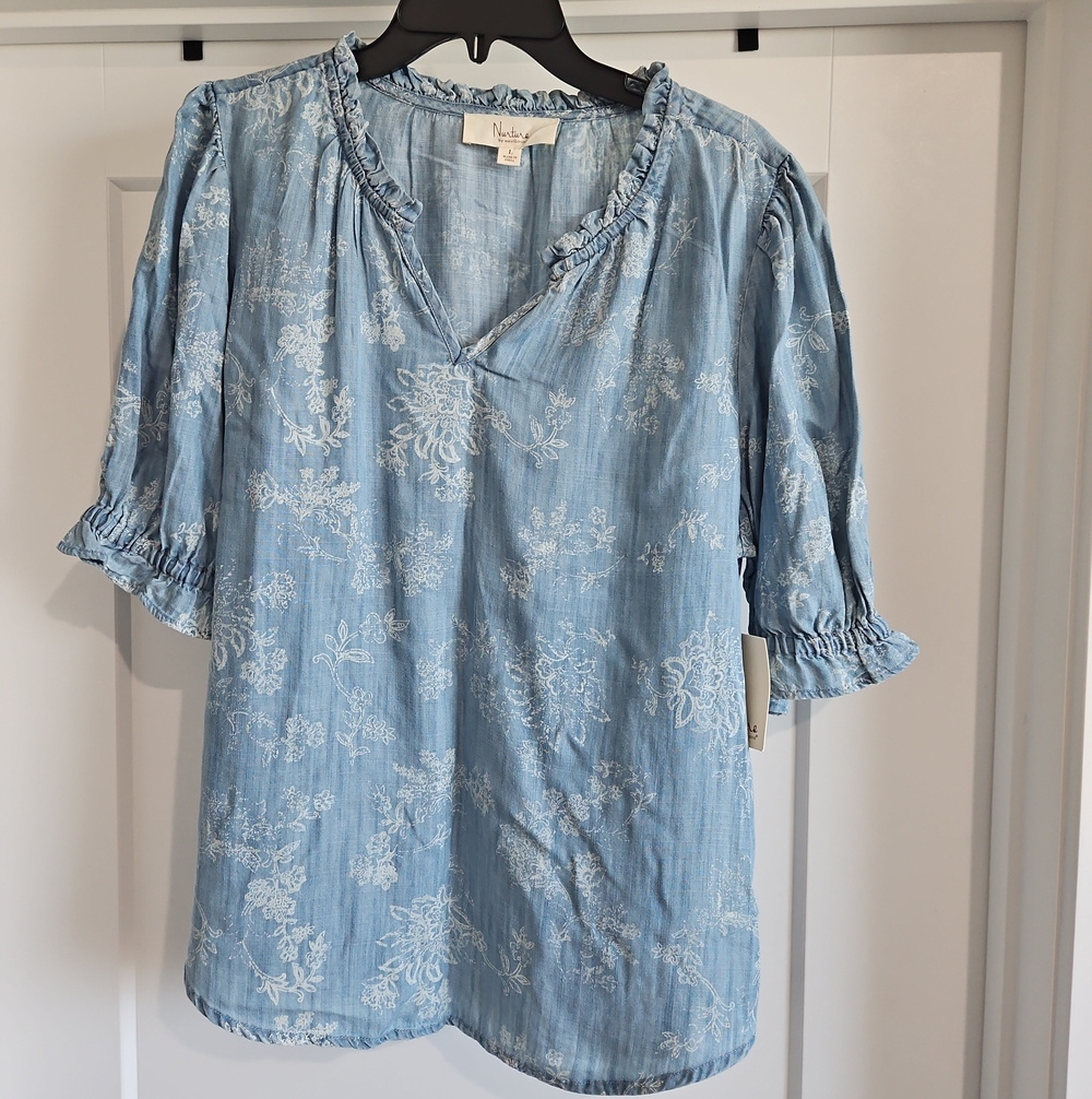Rails Pale Blue Floral V-Neck Ruffle Sleeve Blouse
